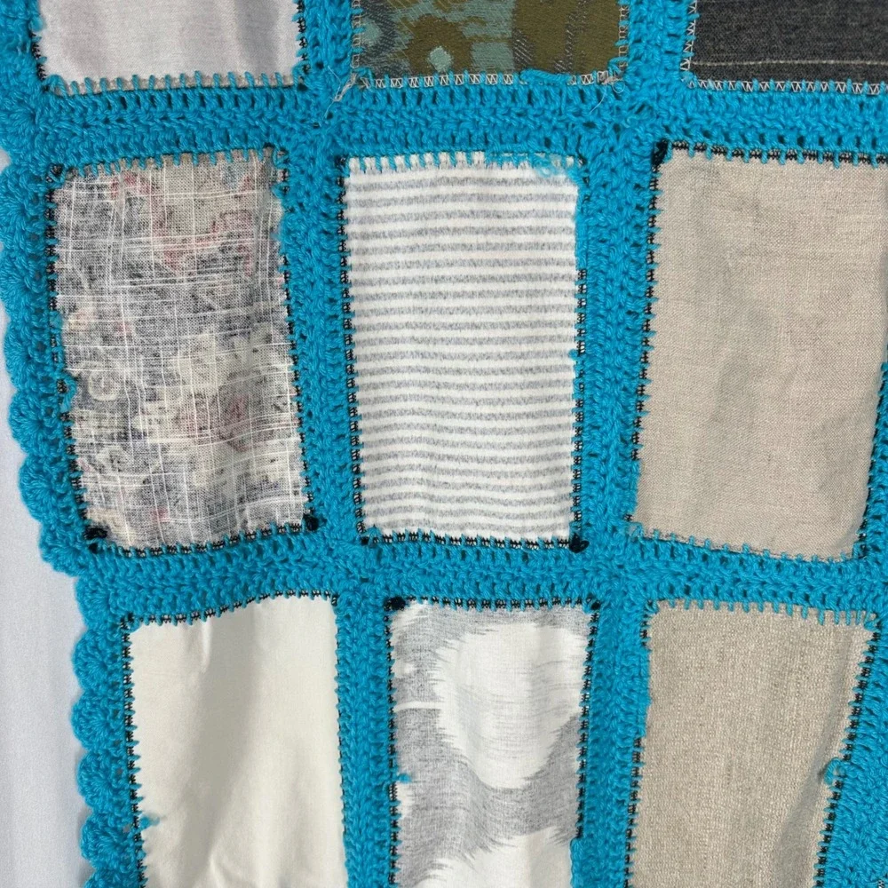 Handmade Patchwork Quilt Turquoise Crochet Border Eclectic Floral 62x43